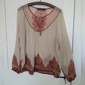 🩷 Rose+Olive Geometric Patterned Cream and Orange Women's Top L